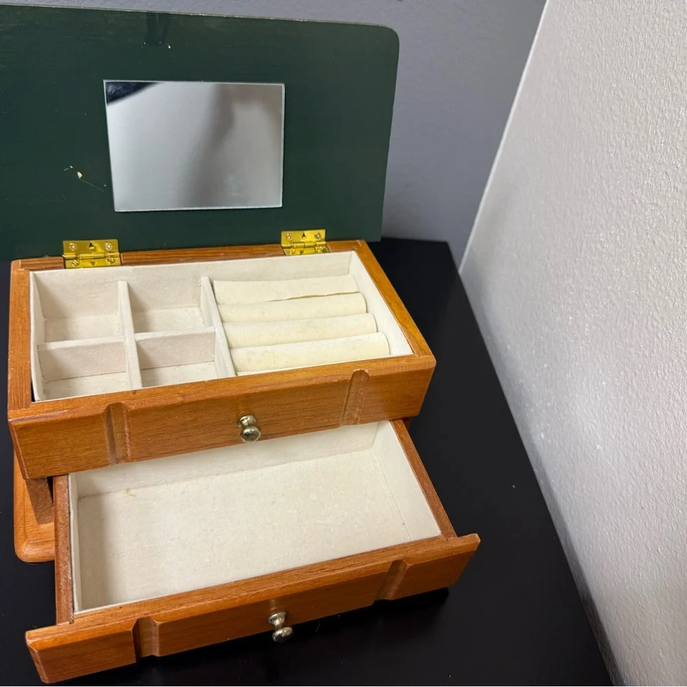 Vintage‎ solid Wooden jewelry Storage Box with Green Lid Mirror & two drawers